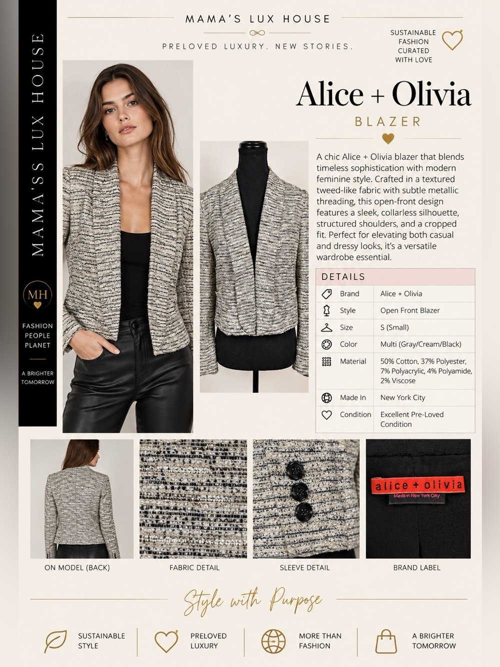 Alice + Olivia Gray Cream Multi Tweed Open-Front Blazer
